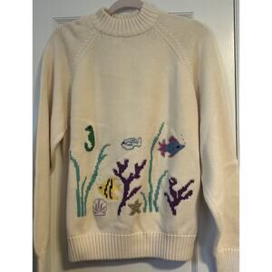 Land’s End Direct Merchants Drifter Sweater L aquatic Fish Vintage Embroidered